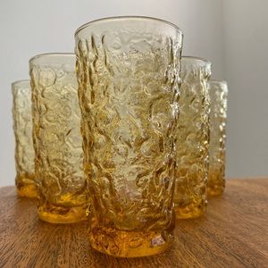 5 Vintage Anchor Hocking Lido Milano Crinkle Drinking Glass Tumblers Gold Amber